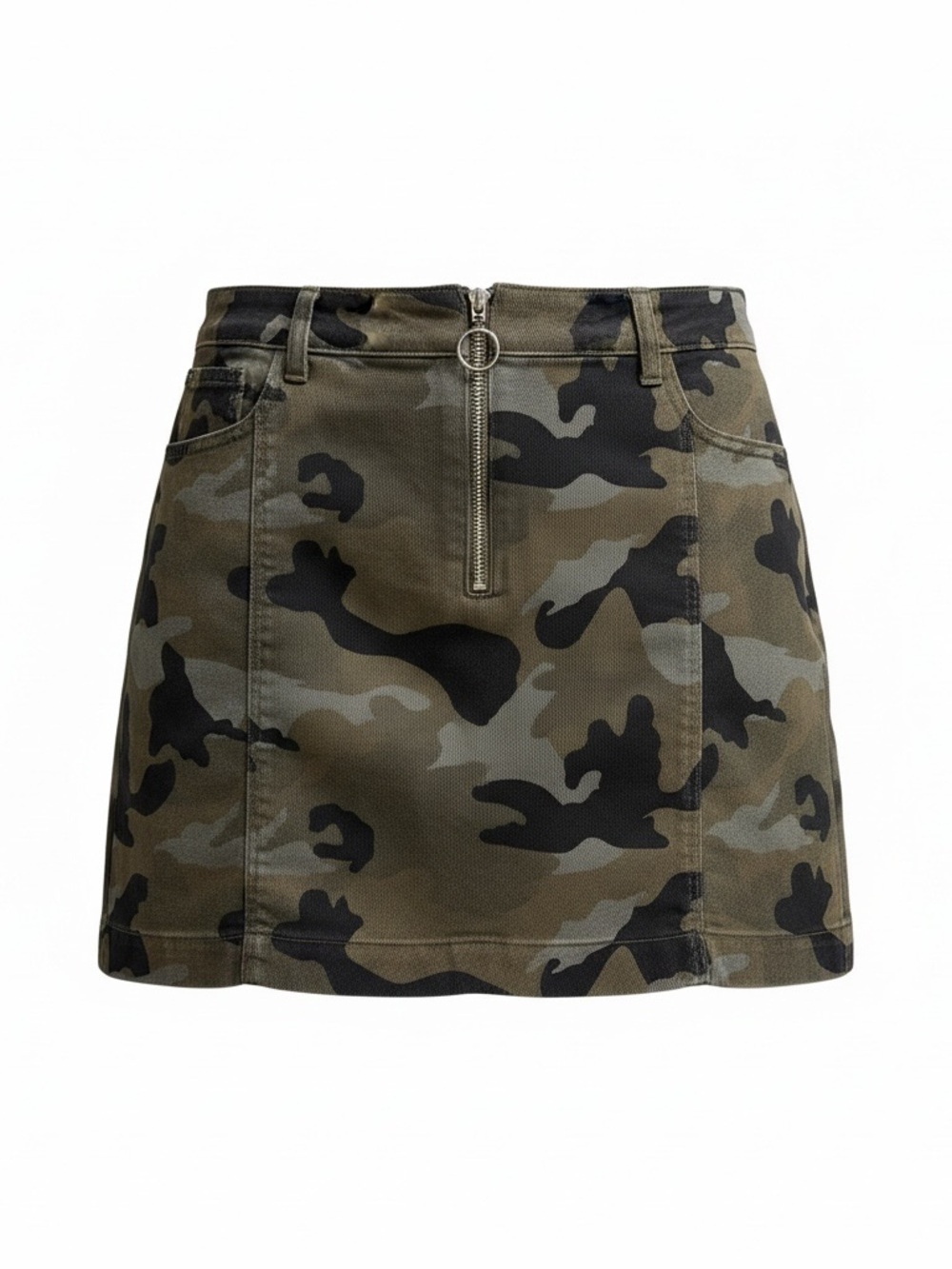 Divided Green & Black Camo Mini Skirt with Front Ring Zip